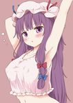  absurdres armpits arms_up blue_bow blush bow capelet covered_nipples hat highres long_hair no_bra patchouli_knowledge purple_eyes purple_hair red_bow solo techi_(techi35499) touhou 