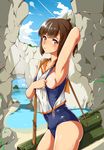  absurdres aoi_renji areolae arm_behind_back armpits blush breasts brown_eyes brown_hair cave cowboy_shot eyebrows_visible_through_hair from_side hair_ornament hairclip highres i-401_(kantai_collection) kantai_collection lifted_by_self looking_at_viewer medium_breasts ponytail sailor_collar school_swimsuit school_uniform short_ponytail sideboob solo sweat swimsuit swimsuit_lift swimsuit_under_clothes 
