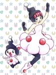  :d animal_print bangs bare_shoulders beanie black_gloves black_legwear blunt_bangs boots bunny_print chikorita85 clenched_hands clown_nose collarbone crescent dress full_body gen_4_pokemon gloves hat heart highres jumping long_dress mime_jr. moemon open_mouth outstretched_arms personification pink_eyes pink_hair pokemon pokemon_(creature) puffy_dress raised_fists short_dress short_hair sleeveless sleeveless_dress smile traditional_media white_background white_dress 