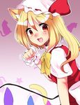  :d abe_suke animal_ears bangs blonde_hair bow bowtie brown_eyes cat_ears cat_tail eyebrows_visible_through_hair flandre_scarlet from_side hair_between_eyes hat hat_bow highres kemonomimi_mode looking_at_viewer mob_cap open_mouth short_sleeves sidelocks smile solo star tail touhou upper_body white_bow white_hat yellow_neckwear 
