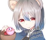  :d abe_suke animal_ears bangs basket blush brown_eyes capelet closed_mouth commentary_request crossover eyebrows_visible_through_hair grey_hair hair_between_eyes highres holding holding_basket kirby kirby_(series) looking_at_viewer mouse_ears nazrin open_mouth short_hair simple_background smile sweat touhou upper_body white_background 