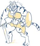  anthro breasts clothing feline female hair jintonic mammal melee_weapon muscular muscular_female shield slit_pupils solo standing sword teeth_bared thick_thighs tiger torn_clothing weapon 