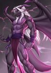  absurd_res alanscampos anthro athletic black_scales claws clothed clothing countershading dragon hair hi_res horn invalid_tag loincloth looking_at_viewer male muscular muscular_male partially_clothed purple_scales scales solo standing vein white_hair wings 