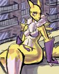  2018 anthro apartments breasts building city cityscape clothing digimon female fur gloves looking_at_viewer manpersonguy mrease renamon solo thick_thighs tuft white_fur yellow_fur 
