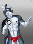  2018 5_fingers abs absurd_res anthro athletic black_nose blue_eyes blue_fur bulge canine cinta clothing eyebrows fur gloves_(marking) grey_background grey_fur hair hi_res looking_at_viewer male mammal markings multicolored_fur muscular muscular_male nipples one_eye_closed pointing pose sharp_teeth simple_background solo standing tattoo teeth tribal_tattoo two_tone_fur underwear white_fur white_hair wink wolf 