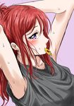  adjusting_hair armpits arms_up blush hair_tie hair_tie_in_mouth long_hair looking_at_viewer love_live! love_live!_school_idol_project mouth_hold nishikino_maki purple_eyes red_hair ribbon ribbon_in_mouth shogo_(4274732) sketch solo sweat tying_hair 
