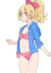  1girl aikatsu! aikatsu!_(series) akinbo_(hyouka_fuyou) bikini blonde_hair blue_jacket bow breasts cleavage collarbone cowboy_shot front-tie_bikini front-tie_top hair_between_eyes hair_bow high_ponytail highres hood hood_down hooded_jacket hoshimiya_ichigo jacket long_hair looking_at_viewer navel open_clothes open_jacket pink_bikini pink_bow red_bow red_eyes shiny shiny_hair side-tie_bikini simple_background small_breasts smile solo standing strapless strapless_bikini swimsuit white_background 