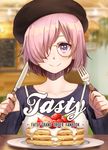  alternate_costume bad_id bad_pixiv_id beret blue_shirt blurry blurry_background breakfast cafe cover cover_page cream doujin_cover fate/grand_order fate_(series) food fork fruit glasses hair_over_one_eye hat holding holding_fork holding_knife knife kurono_kito layered_clothing long_hair looking_at_viewer mash_kyrielight pancake pink_hair plate purple_eyes purple_hair shirt short_hair smile solo strawberry table upper_body 