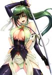  arm_up armpits bare_shoulders bow breasts cleavage earrings elbow_gloves fingerless_gloves gloves green_eyes green_hair hair_bow highres holding holding_sword holding_weapon jewelry katana large_breasts long_hair looking_at_viewer magaki_ryouta open_mouth original page_number ponytail scan simple_background sleeveless smile solo sword thighhighs weapon white_background 