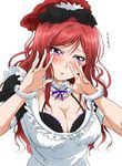  alternate_costume apron blush bow bra bra_peek breasts cleavage frills hair_bow long_hair looking_at_viewer love_live! love_live!_school_idol_project maid maid_apron maid_headdress medium_breasts mogyutto_&quot;love&quot;_de_sekkin_chuu! nishikino_maki older purple_eyes red_hair shogo_(4274732) solo underwear upper_body 