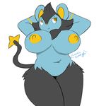 2018 anthro areola belly big_breasts breasts cosmicscourge female luxio lying navel nintendo nipples nude overweight pok&eacute;mon pok&eacute;mon_(species) simple_background slightly_chubby solo thick_thighs video_games 