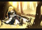  ahoge armor armored_boots armored_dress artoria_pendragon_(all) blonde_hair blue_dress boots closed_eyes day dress eyebrows_visible_through_hair fate/stay_night fate_(series) forest long_dress long_hair lying nature on_back outdoors saber sen_(77nuvola) smile solo 