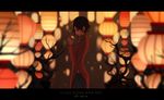  2018 alternate_costume bare_tree black_hair black_pants blurry breasts chinese_new_year commentary cowboy_shot depth_of_field dishwasher1910 flower from_side holding holding_flower lantern letterboxed long_sleeves looking_at_hand medium_breasts pants paper_lantern profile ruby_rose rwby short_hair side_slit solo tree vietnamese vietnamese_dress yellow_flower 