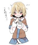  &gt;_&lt; abe_suke arm_warmers bangs blonde_hair blush closed_eyes commentary eyebrows_visible_through_hair facing_viewer flying_sweatdrops mizuhashi_parsee short_hair short_sleeves simple_background solo touhou translated upper_body white_background 