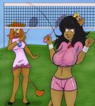  2018 anthro badminton_racket beth_(sailoranna) big_breasts black_hair blue_eyes breasts brown_fur clothing cosplay crown dress duo female fur green_eyes hair holding_object mario_bros midriff navel nintendo open_mouth outside princess_daisy princess_peach red_hair sailoranna shorts shuttlecock sketchredtiger surprise tail_tuft tali tuft video_games 