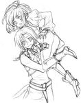  1girl ass bodysuit carrying carrying_over_shoulder castle couple final_fantasy final_fantasy_ix garnet_til_alexandros_xvii greyscale hetero lowres monochrome saikachi_(ogre_tree) short_hair source_request zidane_tribal 