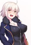  1girl ahoge black_shirt blush eyebrows_visible_through_hair fate/grand_order fate_(series) hair_between_eyes jacket jeanne_d&#039;arc_(alter)_(fate) jeanne_d&#039;arc_(fate)_(all) jewelry kurenai_(kurenai_pso) long_sleeves necklace open_mouth shirt short_hair simple_background solo source_request white_background white_hair yellow_eyes 