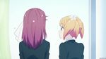  2girls animated animated_gif blonde_hair canon couple green_eyes kiss looking_at_another multiple_girls pink_eyes pink_hair sakura_trick school_uniform sonoda_yuu surprised takayama_haruka uniform window yuri 