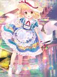  :d abstract_background amo artist_name bangs blonde_hair blue_dress blush bobby_socks bow collarbone commentary dress eyebrows_visible_through_hair hair_between_eyes hat head_tilt highres holding kana_anaberal looking_at_viewer open_mouth puffy_short_sleeves puffy_sleeves road_sign short_sleeves sign skirt_hold smile socks solo sun_hat touhou touhou_(pc-98) white_bow white_hat white_legwear yellow_eyes 
