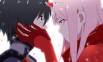  1girl aqua_eyes black_hair close-up darling_in_the_franxx eye_contact eyeshadow from_side hairband hand_on_another's_cheek hand_on_another's_face hetero hiro_(darling_in_the_franxx) horns light_particles long_hair looking_at_another maiko_(mimi) makeup pilot_suit pink_hair profile sidelocks simple_background upper_body white_background white_hairband zero_two_(darling_in_the_franxx) 
