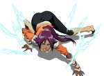  1girl all_fours ass bent_over bleach hair_ornament leggings long_hair looking_at_viewer open_mouth ponytail purple_hair shihouin_yoruichi simple_background smile solo spandex thunder vest yellow_eyes 