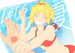  bikini blonde_hair command_spell english_text eyes_closed fare fate_(series) highres mordred_(fate)_(all) mordred_(swimsuit_rider)_(fate) polka_dot polka_dot_background red_bikini smile swimsuit white_background wrist_grab 