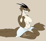  2018 3_fingers aliasing belly big_breasts black_horn blue_bottomwear blue_clothing breasts brown_background brown_fur brown_tail brown_theme cheek_tuft clothed clothing cottoncanyon countershade_face countershade_legs countershade_torso countershading dragon female fluffy fluffy_tail forehead_gem frown full-length_portrait fur furred_dragon garnet_(gem) hi_res horn humanoid_hands katya_(7th-r) kneeling long_tail markings multicolored_fur outline portrait simple_background skirt slightly_chubby slit_pupils small_waist solo tan_countershading tan_fur topless tuft two_tone_fur white_markings wide_hips 
