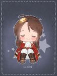  ascot blush boots brown_footwear brown_hair character_name chibi closed_eyes closed_mouth facing_viewer foreign_blue girls_frontline gloves hair_ornament jacket knee_boots lee-enfield_(girls_frontline) long_hair long_sleeves military_jacket pants red_jacket sitting smile solo star white_gloves white_neckwear white_pants 