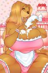  2018 absurd_res amber_eyes anthro apron big_breasts black_nose breasts cake canine cherrikissu clothing digital_media_(artwork) dog dogmom female food frosting hair hi_res huge_breasts long_hair looking_at_viewer mammal one_eye_closed saluki solo thick_thighs tongue tongue_out wink 