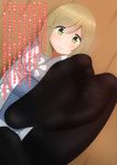  1girl blonde_hair feet green_eyes inuyama_aoi long_hair looking_at_viewer no_shoes one_leg_raised pantyhose pov pov_feet smell smile soles steam translated yurucamp 