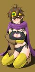  arioarimura breasts brown_eyes brown_gloves brown_hair cape cat_lingerie circlet cleavage commentary_request dragon_quest dragon_quest_iii gloves large_breasts looking_at_viewer meme_attire roto short_hair solo 
