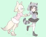  animal_ears bow bowtie check_translation common_raccoon_(kemono_friends) fang fennec_(kemono_friends) fox_ears fox_tail fur_trim gloves holding_hands kemono_friends multicolored_hair multiple_girls open_mouth pantyhose pleated_skirt puffy_short_sleeves puffy_sleeves raccoon_ears raccoon_tail short_hair short_sleeves skirt tail teranekosu thighhighs translation_request 