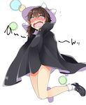  @_@ abe_suke bangs bare_legs black_cape black_footwear blush bow brown_hair cape commentary_request embarrassed eyebrows_visible_through_hair flying_sweatdrops full_body glasses hat hat_bow loafers naked_cape nose_blush open_mouth shoes socks solo sweat touhou usami_sumireko white_background white_bow white_legwear 