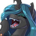  2017 alpha_channel blue_hair changeling digital_media_(artwork) eyes_closed fangs female friendship_is_magic hair headshot_portrait hole_(anatomy) hooves horn laugh long_hair my_little_pony open_mouth portrait pusspuss queen_chrysalis_(mlp) reaction_image simple_background solo teeth tongue transparent_background 