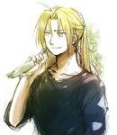  black_shirt blonde_hair bouquet carrying carrying_over_shoulder edward_elric eyebrows_visible_through_hair fingernails flower fullmetal_alchemist happy long_hair long_sleeves looking_away male_focus ponytail shirt simple_background smile solo tsukuda0310 white_background yellow_eyes 