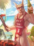  animal_genitalia anthro apron balls barbecue beach bottle canine clothing doberman dog eyewear food male mammal public saliva sausage seaside sheath solo sunglasses tongue tongue_out twistedhound 