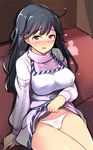  ahoge alternate_eye_color apron aran_sweater black_hair blush breasts ippongui kantai_collection large_breasts long_hair long_sleeves open_mouth panties purple_sweater red_eyes solo sweater underwear ushio_(kantai_collection) white_apron white_panties 