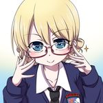  adjusting_eyewear bangs bespectacled black_neckwear blonde_hair blue_eyes blue_sweater braid closed_mouth commentary darjeeling dress_shirt emblem eyebrows_visible_through_hair girls_und_panzer glasses hanya_(hanya_yashiki) long_sleeves looking_at_viewer necktie red-framed_eyewear school_uniform semi-rimless_eyewear shirt short_hair smile solo sparkle st._gloriana's_(emblem) st._gloriana's_school_uniform sweater tied_hair twin_braids under-rim_eyewear upper_body v-neck white_shirt wing_collar 