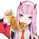  artist_name bangs blunt_bangs darling_in_the_franxx food food_in_mouth green_eyes grey_background hairband highres honey horns long_hair looking_at_viewer military military_uniform mouth_hold necktie pink_hair ram_(ramlabo) red_neckwear signature simple_background solo steak tsurime uniform upper_body zero_two_(darling_in_the_franxx) 