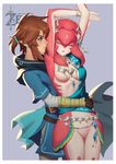  1girl absurdres arms_around_waist arms_up breasts breasts_apart brown_hair cleavage cloak closed_eyes earrings fingerless_gloves gloves highres jewelry jolker link mipha necklace sash short_ponytail small_breasts smile the_legend_of_zelda the_legend_of_zelda:_breath_of_the_wild tiara 