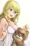  bad_id bad_pixiv_id bangs bare_arms bare_shoulders blonde_hair blue_eyes breasts camisole cleavage commentary_request eyebrows_visible_through_hair gradient gradient_background hair_between_eyes long_hair looking_down medium_breasts original shiny shiny_hair sleeveless solo spaghetti_strap strap_gap stuffed_animal stuffed_toy teddy_bear upper_body very_long_hair wavy_hair yellow_background yoropa 
