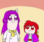  :3 asakura_rikako bkub_(style) bow commentary_request hair_bow hairband japanese_clothes kimono kotohime labcoat layered_clothing multiple_girls obi parody pipimi poptepipic popuko purple_eyes purple_hair red_eyes red_hair sash shadou_buhui style_parody touhou 