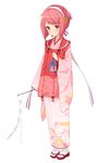  arm_at_side bangs blue_ribbon blush closed_mouth fire_emblem fire_emblem_if full_body geta gohei hairband hifu holding japanese_clothes kimono leaf_print long_sleeves looking_at_viewer pink_hair pink_kimono pouch print_kimono raised_eyebrows red_eyes red_footwear red_ribbon ribbon ribbon_trim sakura_(fire_emblem_if) shide shiny shiny_hair short_hair smile solo standing tabi tareme transistor white_hairband white_legwear wide_sleeves 