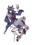  absurdres akumashin black_hair boots brown_footwear brown_gloves cowboy_boots fudou_yuusei full_body glasses gloves highres purple_eyes reading spiked_hair spurs star wide_sleeves yuu-gi-ou yuu-gi-ou_5d's 