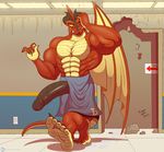  5_toes anthro big_penis claws clothed clothing dragon feet half-erect hi_res horn huge_penis humanoid_feet ineffective_clothing male muscular penis poking_out scalie toe_claws toes topless towel ty_(zp92) vein wet wings zp92 