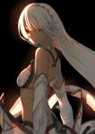  1girl altera_(fate) bangs bare_shoulders blunt_bangs breasts dark_skin detached_sleeves eyebrows_visible_through_hair fate/grand_order fate_(series) from_behind full_body_tattoo headdress headwear highres long_hair looking_at_viewer looking_back lrig0 parted_lips red_eyes revealing_clothes simple_background small_breasts solo tan tattoo veil white_hair 