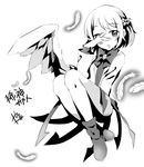  abe_suke arm_up bangs blush bow bowtie braid character_name eyebrows_visible_through_hair feathers french_braid full_body greyscale jacket kishin_sagume long_sleeves looking_at_viewer monochrome open_clothes open_jacket open_mouth shoes short_hair signature simple_background single_wing solo touhou v_over_eye white_background wings 