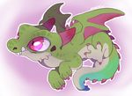  2018 ambiguous_gender blue_markings claws dragon feral flying gradient_background green_scales grey_belly horn markings membranous_wings mochiri pink_eyes pink_markings purple_background scales scalie side_view simple_background solo spread_toes toe-claws western_dragon wings 