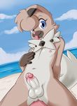  1boy arm_support beach blue_eyes clouds dog erection eyelashes furry light_brown_hair looking_at_viewer male_focus medium_penis navel nipple_rub nipples nude penis pokemon precum rockruff shadowill sky testicles tongue_out uncensored 