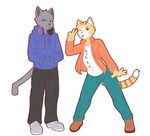  4_fingers anthro blue_eyes cat clothed clothing digital_media_(artwork) dipstick_tail duo feline footwear frown fur grey_fur headphones hoodie kuehiko_roshihara looking_at_viewer male mammal multicolored_tail munks_(artist) open_mouth open_smile orange_fur pants pose shirt shoes simple_background smile standing striped_tail stripes tapio_chatarozawa v_sign whiskers white_background white_fur working_buddies! yellow_eyes 